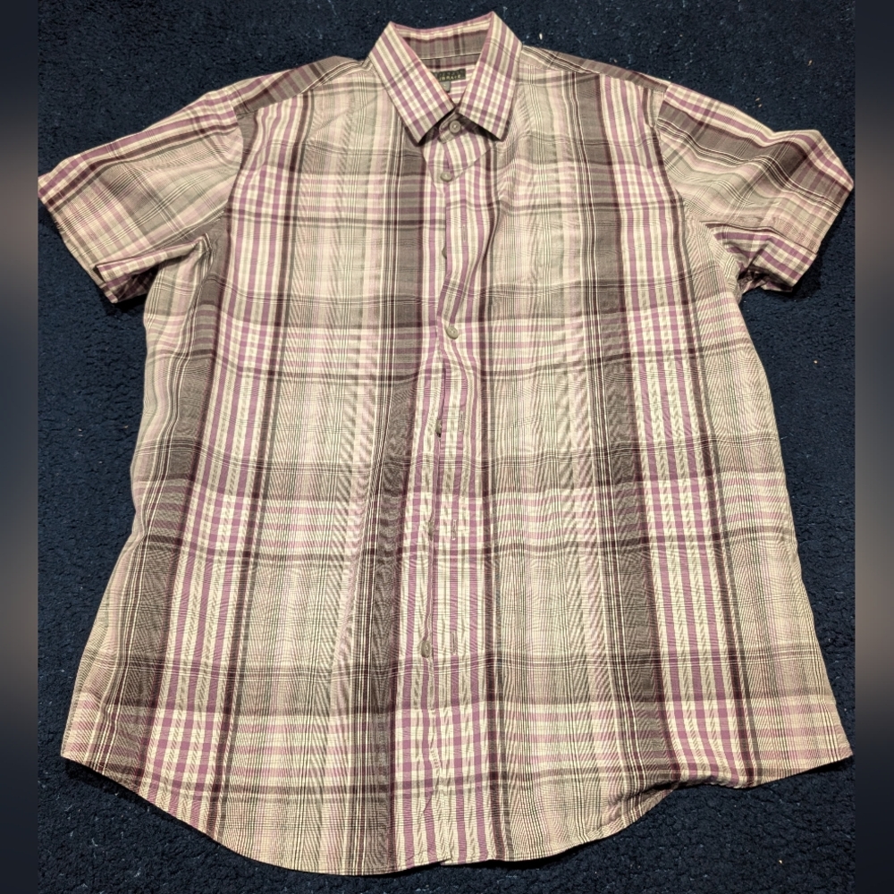 Calibrate Men's Purple Plaid Short Sleeve Button Down Shirt (Large)